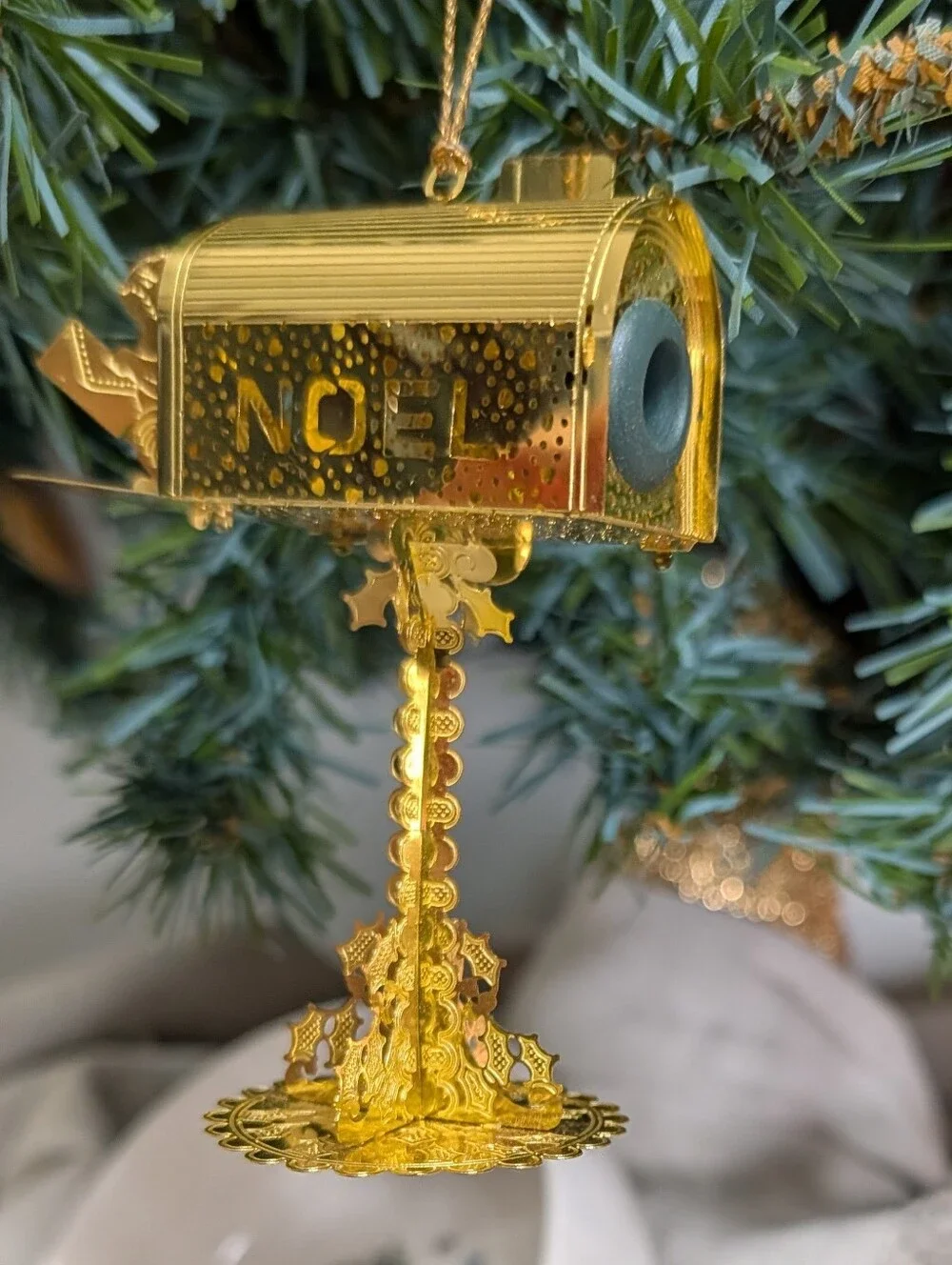 Vtg Christmas Ornament Gold Brass Metal Filigree Mailbox Shiny Santa Letter